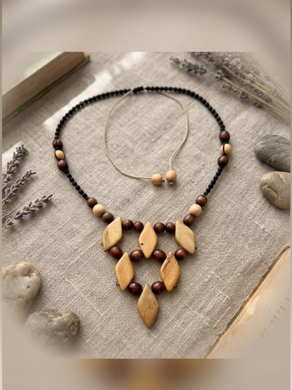 Artisan Hand-Carved Wooden Geometric Bib Statement Necklace
